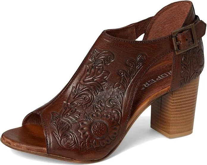 Roper Mika Closed Back Women's Shoes Tan Floral Tooled Leather : 7 B - Medium - Image 6