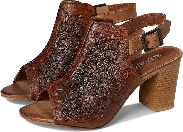Roper Mika Women's Shoes Tan Floral Toolded Leather : 10 M