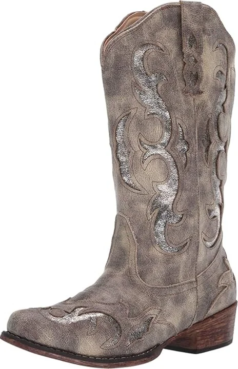 Roper Riley Flextra Glitter Cowboy Women's Boots Grey Faux Leather/Metallic Underlay : 10 M, Synthetic - Image 2