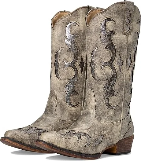 Roper Riley Flextra Glitter Cowboy Women's Boots Grey Faux Leather/Metallic Underlay : 10 M, Synthetic