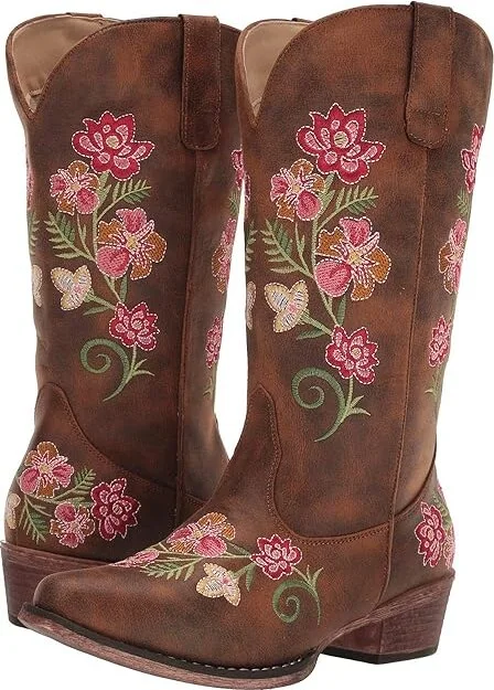 Roper Riley Floral Cowboy Women's Boots Vintage Cognac Faux Leather : 5 B - Medium, Synthetic