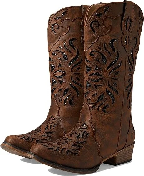 Roper Riley Glitz Cowboy Women's Boots Brown : 6.5 B - Medium, Leather/Textile