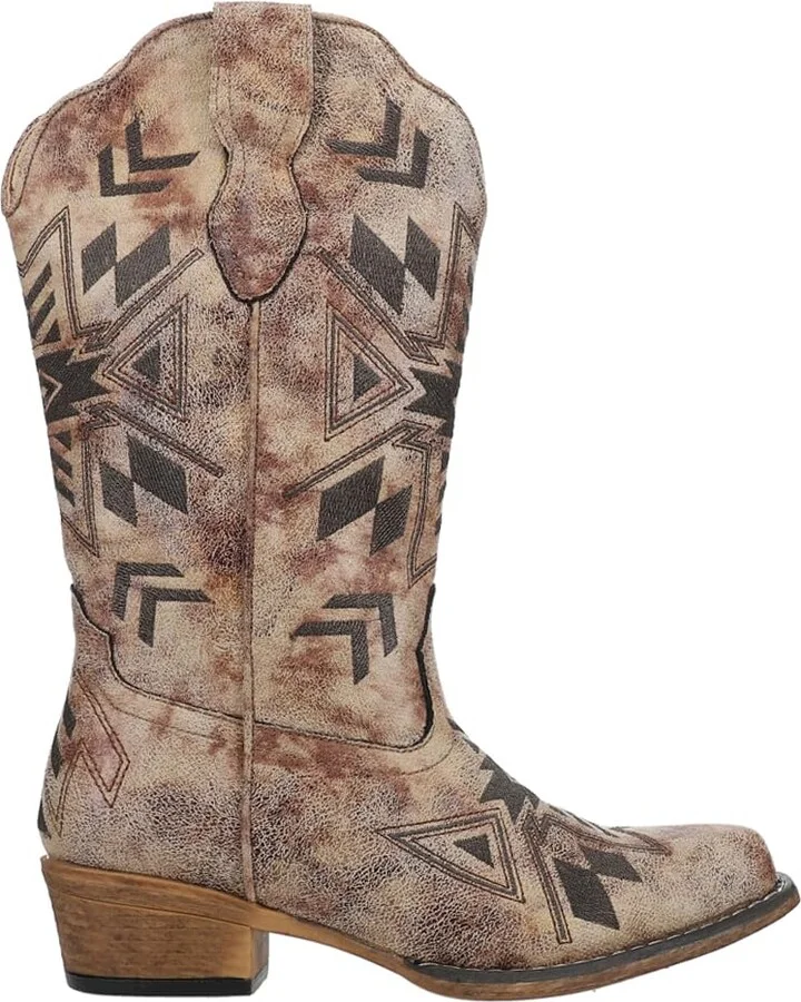 ROPER Womens Riley Aztec Embroidered Snip Toe Casual Boots Mid Calf Low Heel 1-2" - Brown - Size 9 M