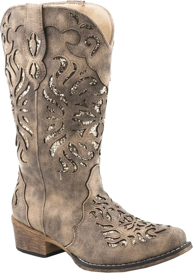 ROPER Womens Riley Glitter Western Cowboy Boots Mid Calf Low Heel 1-2" - Brown - Size 8 M