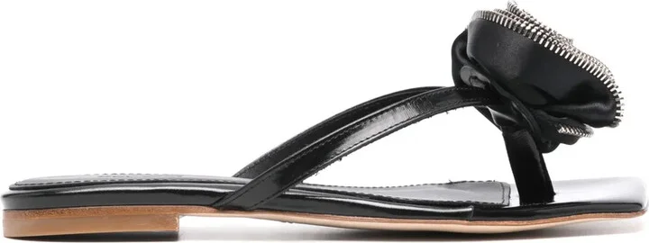 Rose-Appliqué Leather Flip Flops