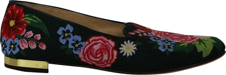 Rose Garden Floral Embroidered Flats in Green Fabric