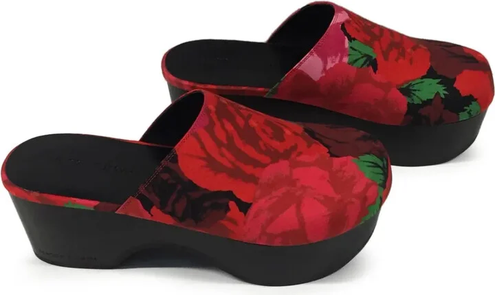 Rose-Print Platform Mules