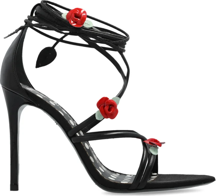 Rosette Heeled Sandals, , - Black
