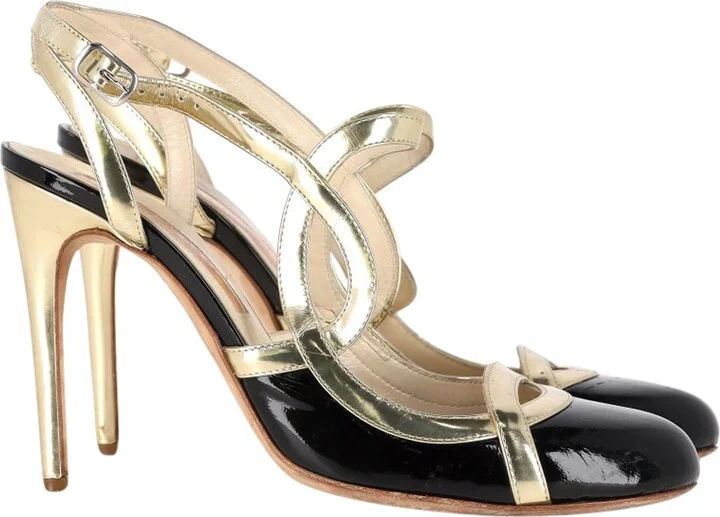 Round-Toe Slingback Pumps in Black and Gold Leather