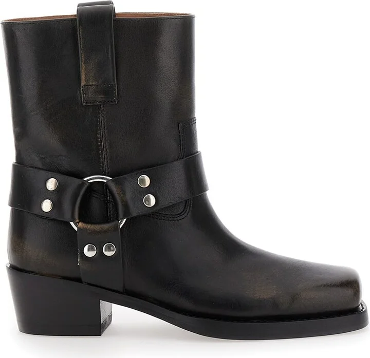 'roxy' Black Western Style Ankle Boots With Brown Nuances In Leather Woman
