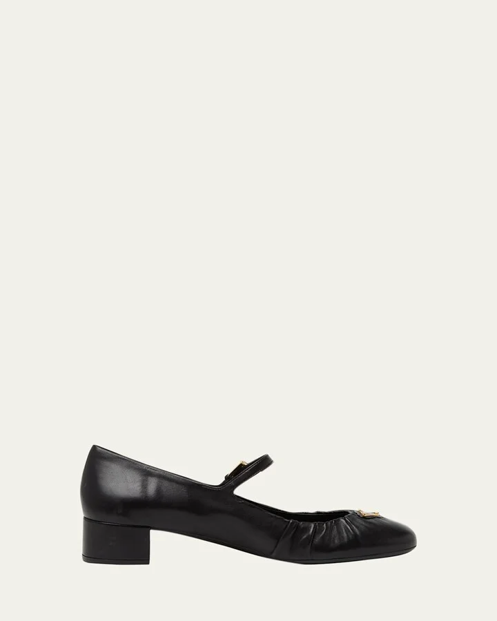 Ruched Toe Mary Jane Leather Pumps