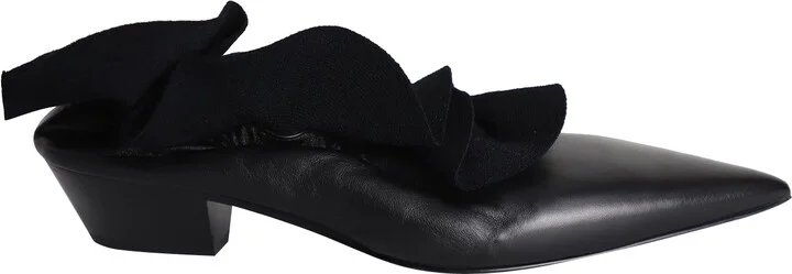 Ruffle-Detail Pointed-Toe Pumps in Black Calfskin Leather