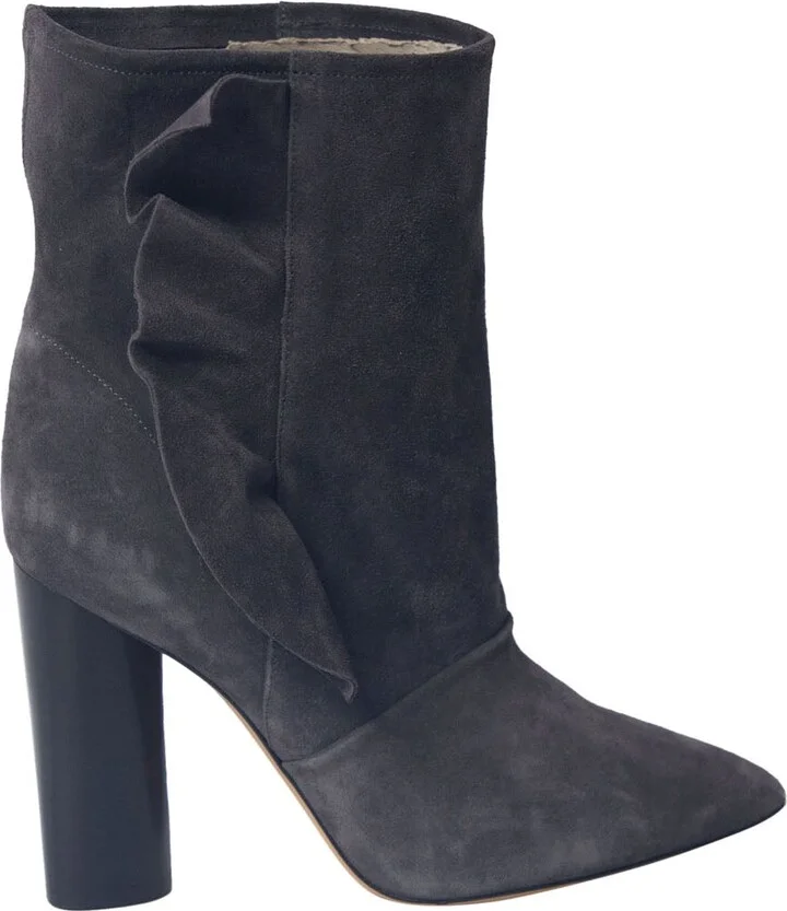Ruffle Trimmed Ankle Boots in Grey Suede