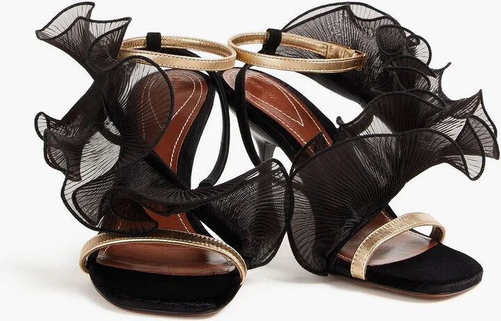 Ruffled plissé-organza and suede sandals - Image 2