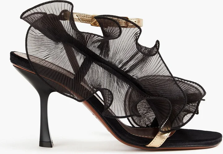Ruffled plissé-organza and suede sandals