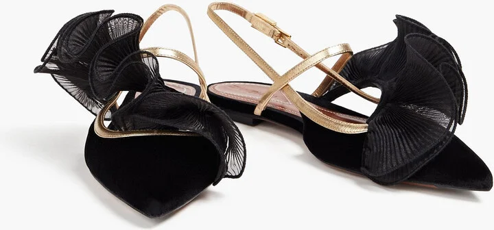 Ruffled plissé-organza and velvet slingback point-toe flats - Image 2