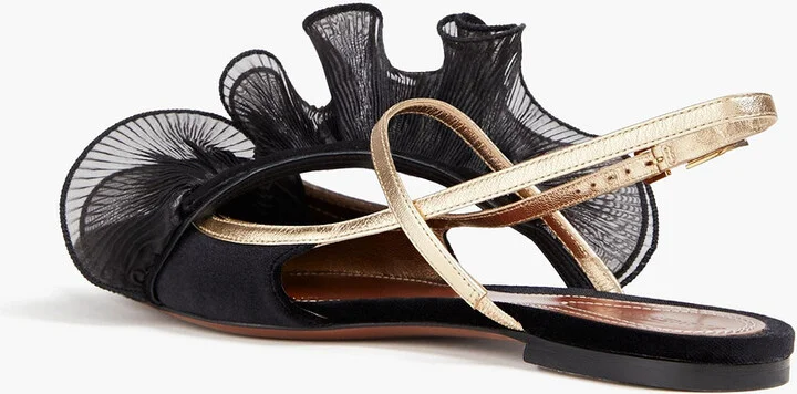 Ruffled plissé-organza and velvet slingback point-toe flats - Image 3