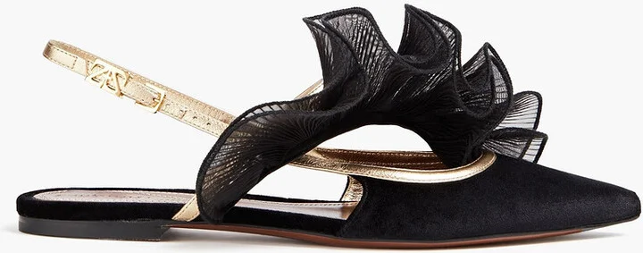 Ruffled plissé-organza and velvet slingback point-toe flats