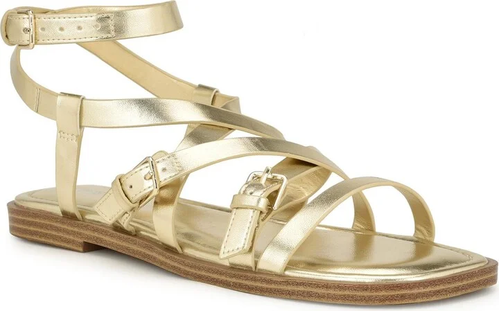 RULEN3 Womens Buckle Faux Leather Strappy Sandals