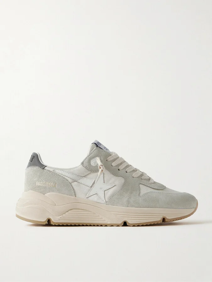 Running Sole Leather-Trimmed Distressed Suede and Silk-Faille Sneakers
