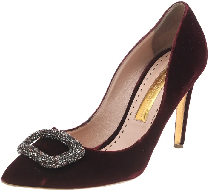 Rupert Sanderson Deep Red Velvet Crystal Embellished Pointed Toe Pumps Size 39