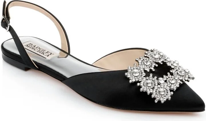 Saga Crystal Buckle Pointed Toe Flats In Black