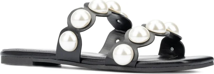 Sage Faux Pearl Studded Slide Sandal - Wide Width