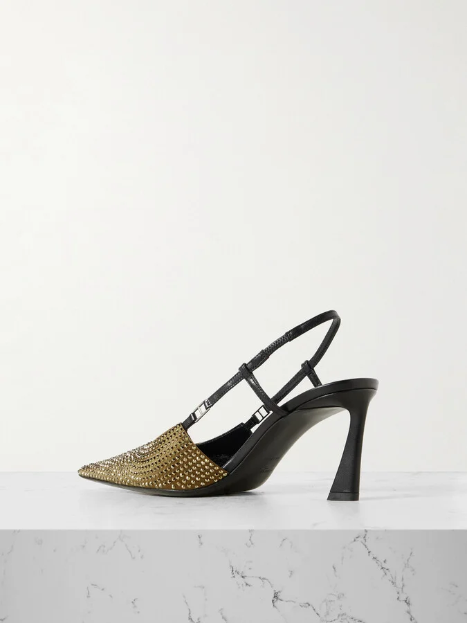 SAINT LAURENT - Andree Crystal-embellished Satin And Leather Slingback Pumps - Green - Image 3