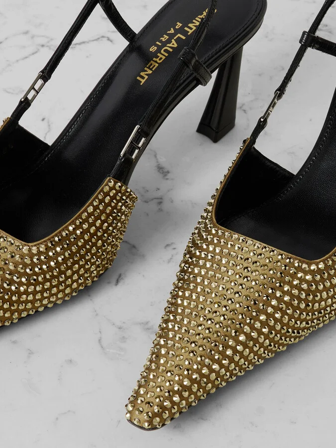 SAINT LAURENT - Andree Crystal-embellished Satin And Leather Slingback Pumps - Green - Image 4