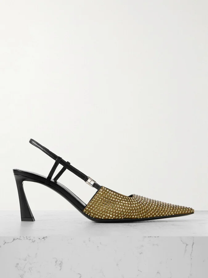 SAINT LAURENT - Andree Crystal-embellished Satin And Leather Slingback Pumps - Green