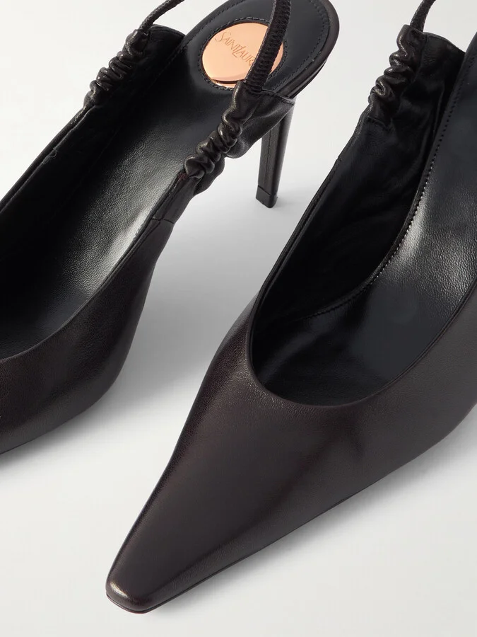 SAINT LAURENT - Anne Marie Gathered Leather Slingback Pumps - Brown - Image 4