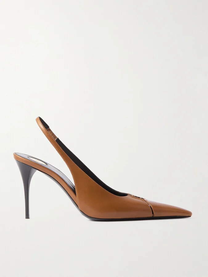 SAINT LAURENT - Babylone Cutout Patent-leather Slingback Pumps - Brown