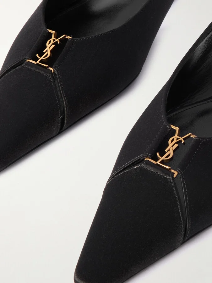 SAINT LAURENT - Babylone Embellished Crepe Point-toe Slingback Flats - Black - Image 4