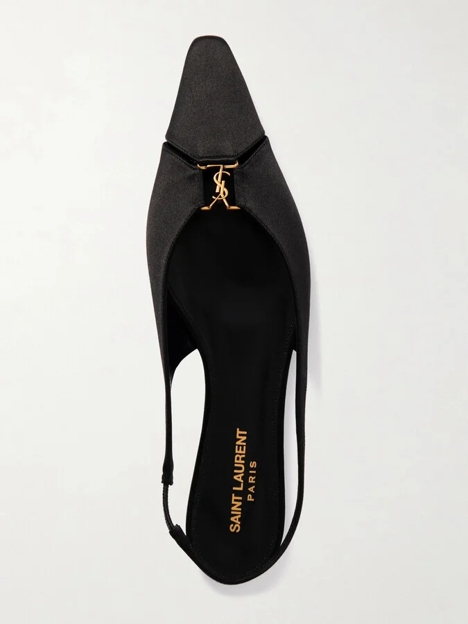 SAINT LAURENT - Babylone Embellished Crepe Point-toe Slingback Flats - Black