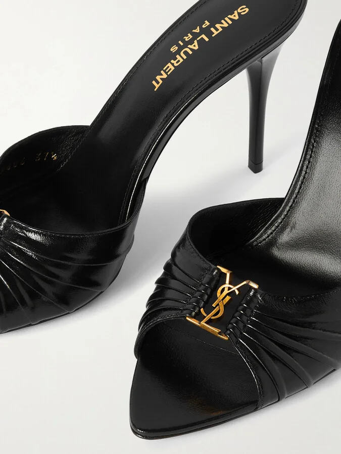 SAINT LAURENT - Babylone Embellished Gathered Glossed-leather Mules - Black - Image 4