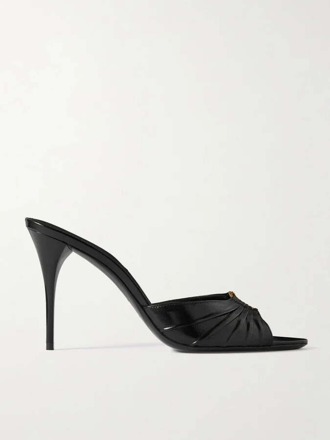 SAINT LAURENT - Babylone Embellished Gathered Glossed-leather Mules - Black