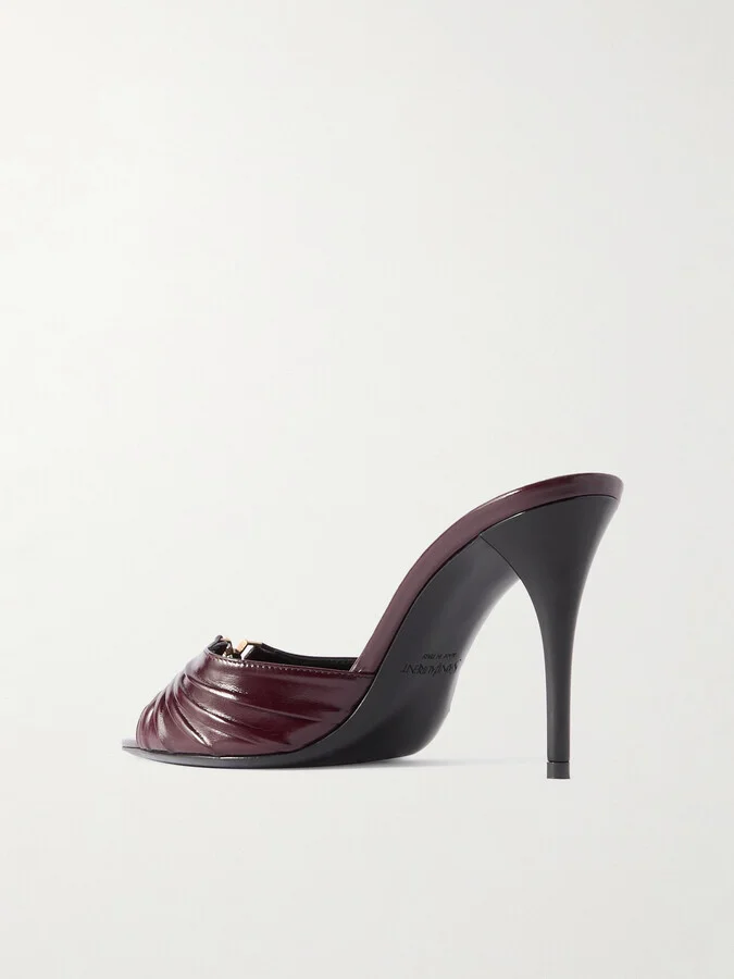 SAINT LAURENT - Babylone Embellished Gathered Glossed-leather Mules - Burgundy - Image 3