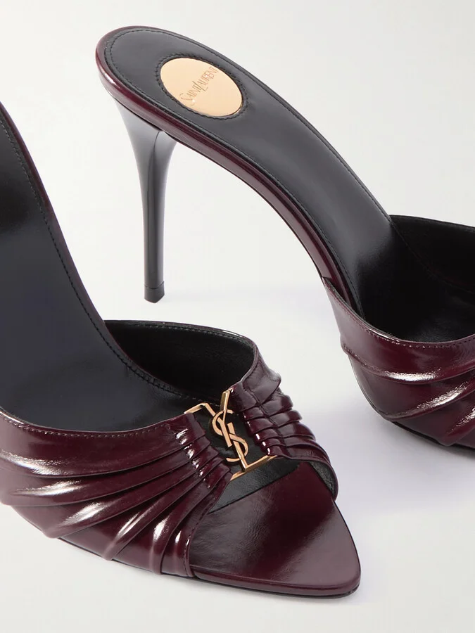 SAINT LAURENT - Babylone Embellished Gathered Glossed-leather Mules - Burgundy - Image 4
