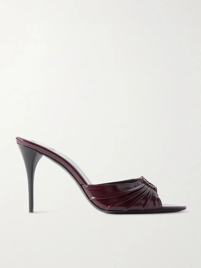 SAINT LAURENT - Babylone Embellished Gathered Glossed-leather Mules - Burgundy