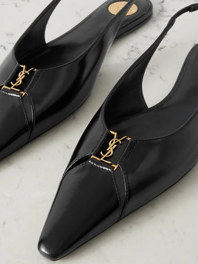 SAINT LAURENT - Babylone Embellished Leather Slingback Point-toe Flats - Black - Image 4