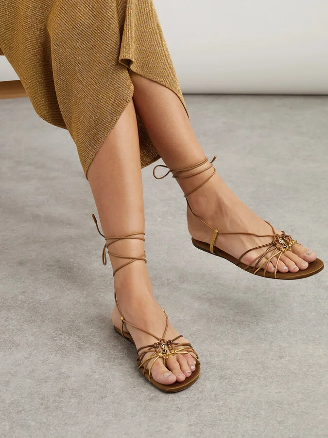 SAINT LAURENT - Babylone Embellished Metallic Leather Sandals - Brown - Image 2