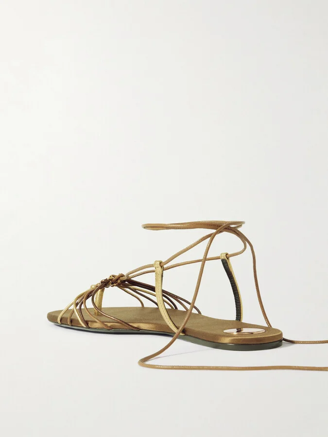 SAINT LAURENT - Babylone Embellished Metallic Leather Sandals - Brown - Image 3