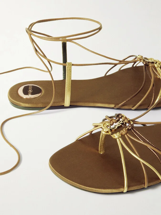 SAINT LAURENT - Babylone Embellished Metallic Leather Sandals - Brown - Image 4