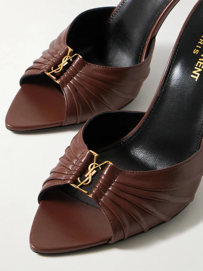 SAINT LAURENT - Babylone Embellished Pleated Leather Mules - Brown - Image 4