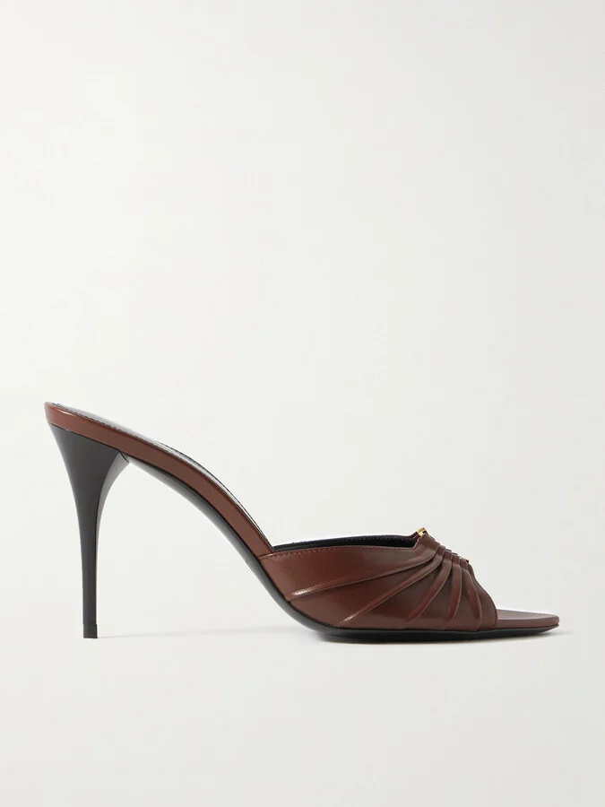 SAINT LAURENT - Babylone Embellished Pleated Leather Mules - Brown