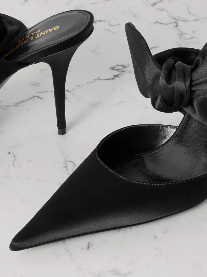 SAINT LAURENT - Barbara Bow-detailed Satin Mules - Black - Image 4