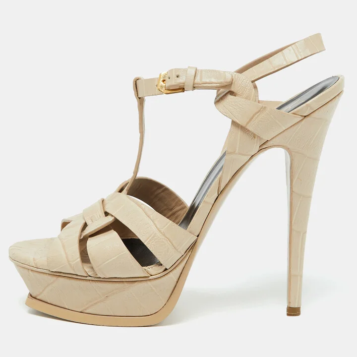 Saint Laurent Beige Croc Embossed Leather Tribute Platform Sandals Size 40