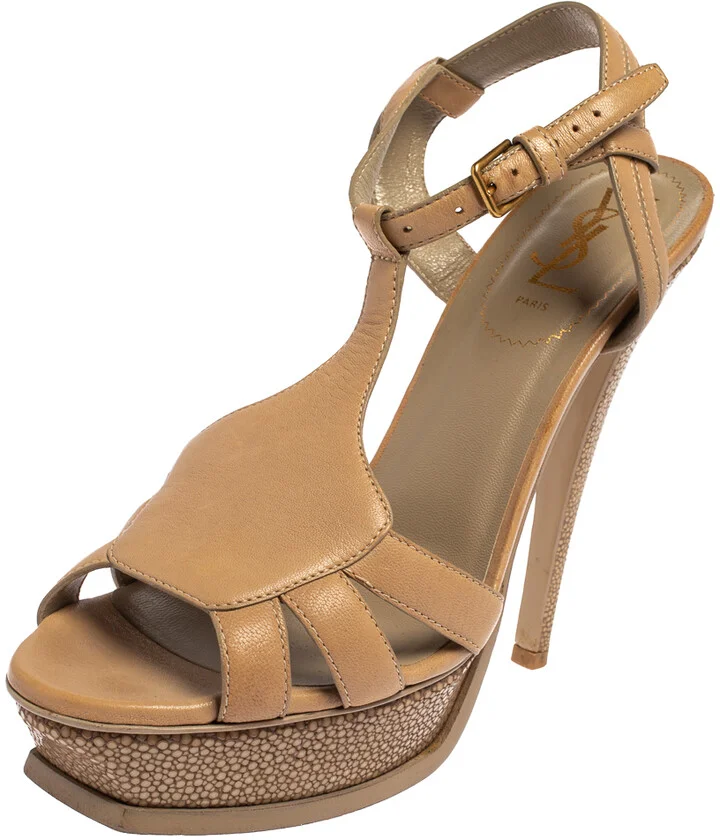 Saint Laurent Beige Leather and Textured Leather Ankle Strap Platform Sandals Size 40