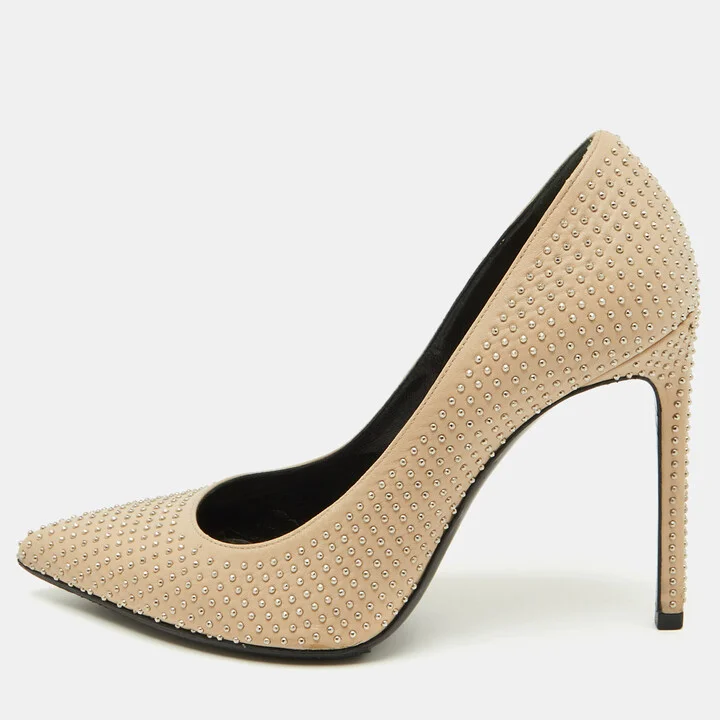 Saint Laurent Beige Leather Studded Pointed Toe Pumps Size 38.5