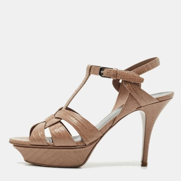 Saint Laurent Beige Lizard Embossed Leather Tribute Ankle Strap Sandals Size 38.5